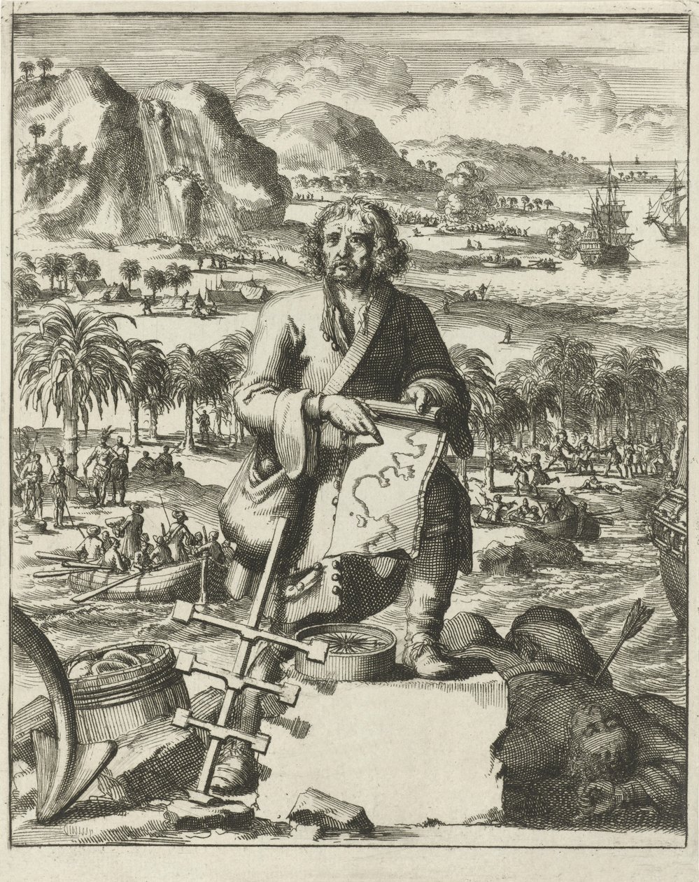 Louis Hennepin landt in Noord-Amerika, uitgegeven 1688 (gravure) door Dutch School