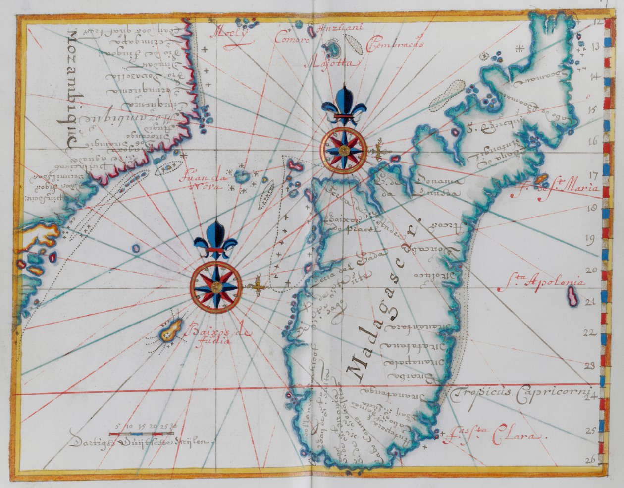 Kaart van een deel van de kust van Mozambique en het eiland Madagaskar door Dutch School