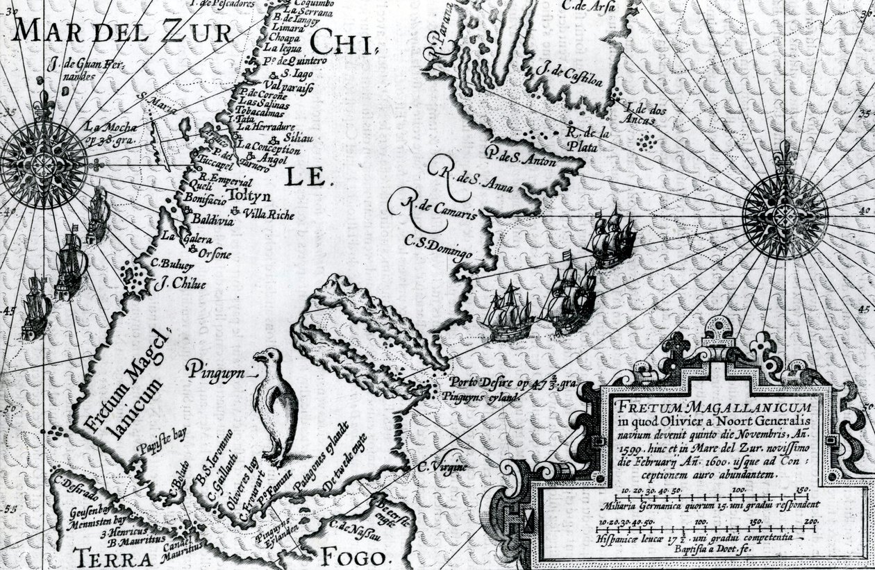 Kaart van de Straat van Magellan, plaat uit Oliver van Noorts beschrijving van zijn reis door Dutch School