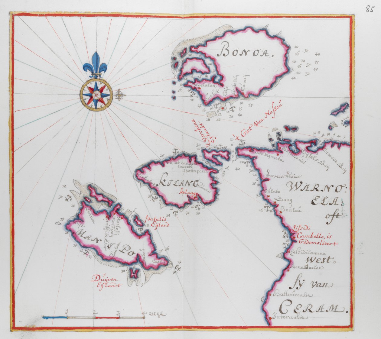 Kaart van een deel van het eiland Ceram (Seram) en Bonoa (Pulau Boano) en Pulau Kelang en Pulau Manipa door Dutch School