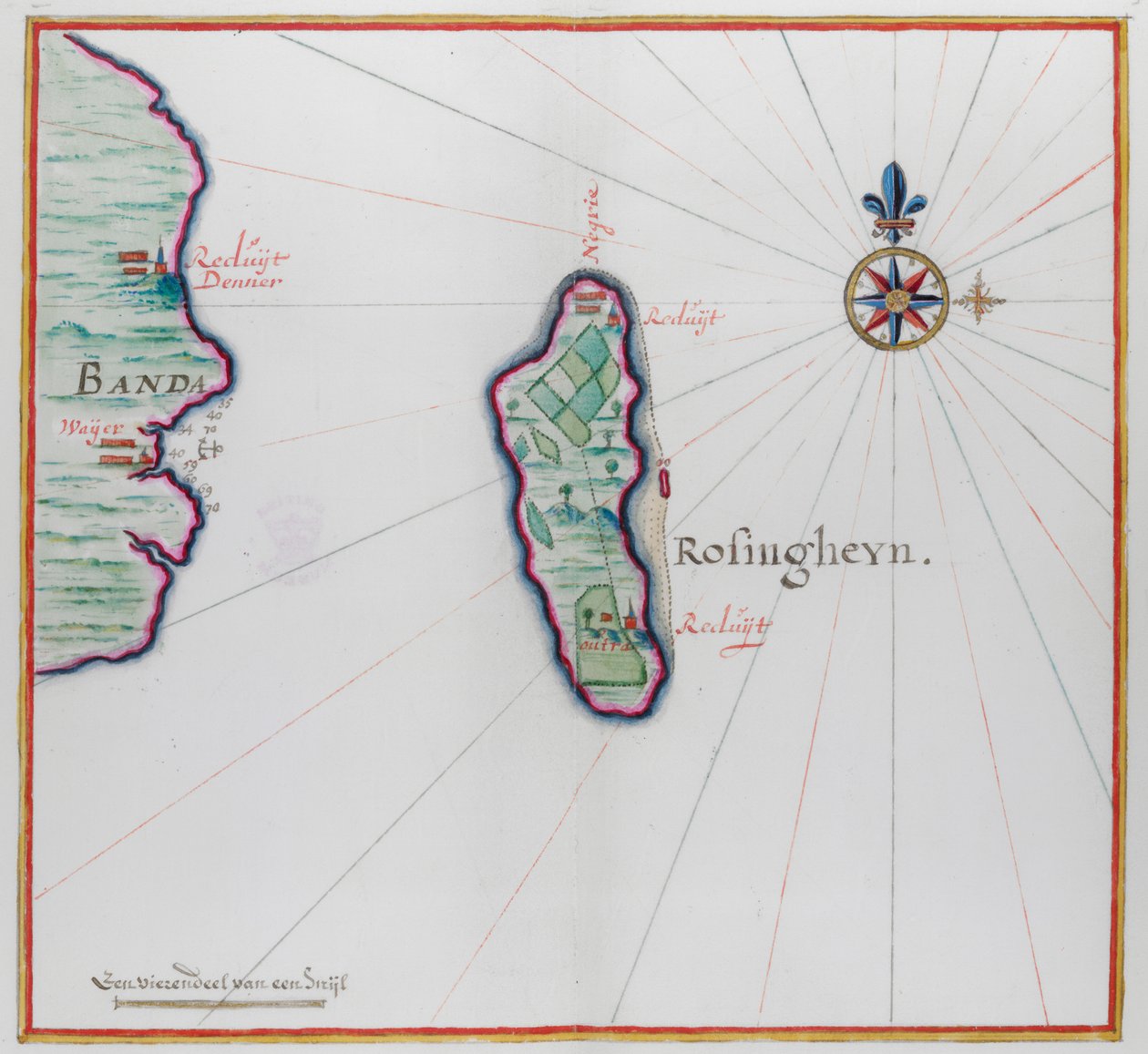 Kaart die een klein deel van Banda Besar (Lonthoir) en Hatta (Rosengain) toont. De Banda-eilanden, deel van de Indonesische provincie Maluku. door Dutch School