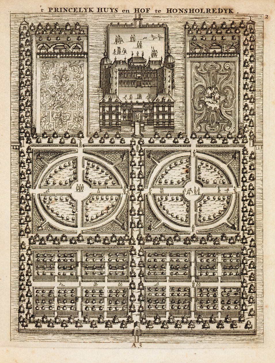 Paleis van Honsholredyk, uit De Nederlandse Tuinman door Johann van der Groen, gepubliceerd 1699 door Dutch School