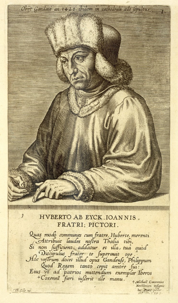 Portret van Hubert van Eyck (1366-1426) plaat 1 uit een serie portretten van kunstenaars, gegraveerd door Theodor Galle (1571-1633) door Dutch School