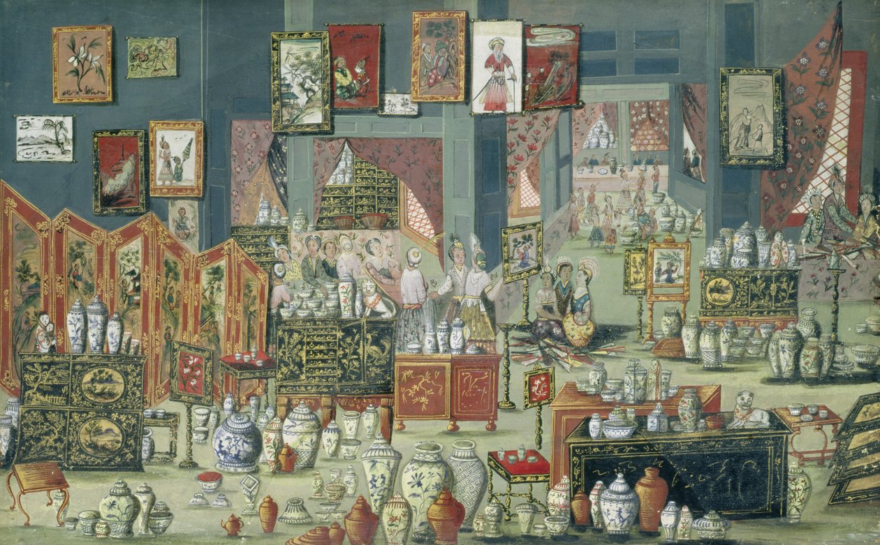 Winkel die Chinese goederen verkoopt, 1680-1700 door Dutch School