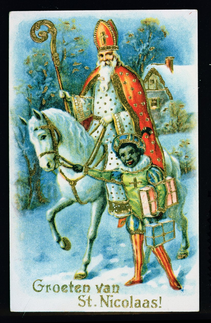 Sinterklaas en een zwarte helper, c.1890, Nederlandse kaart door Dutch School