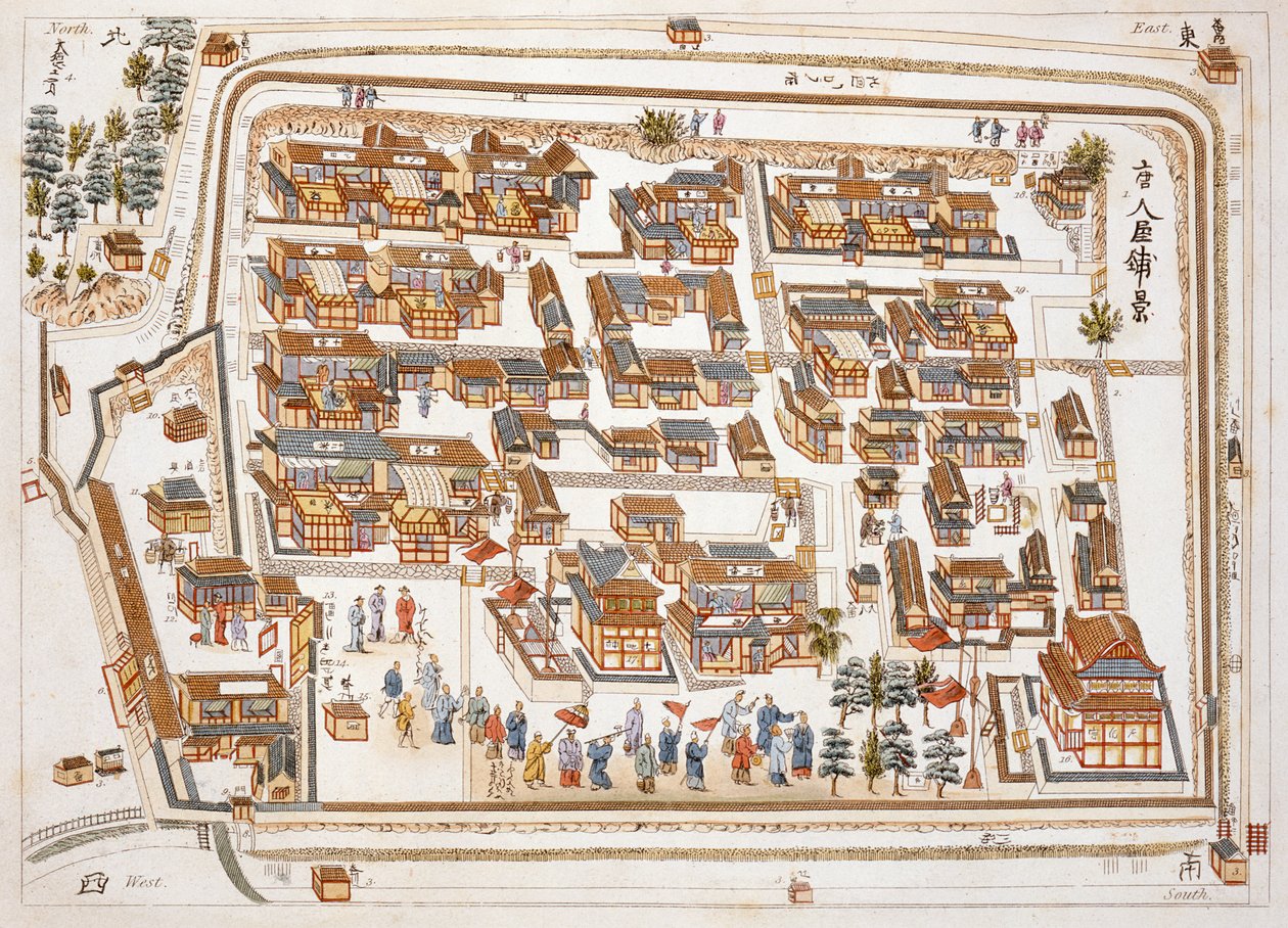 De Chinese fabriek in de straat van Teng-chan bij Nagasaki, opgericht 1688, uit Illustrations of Japan door Isaac Titsingh (ca. 1740-1812), gepubliceerd Londen, 1822 door Dutch School