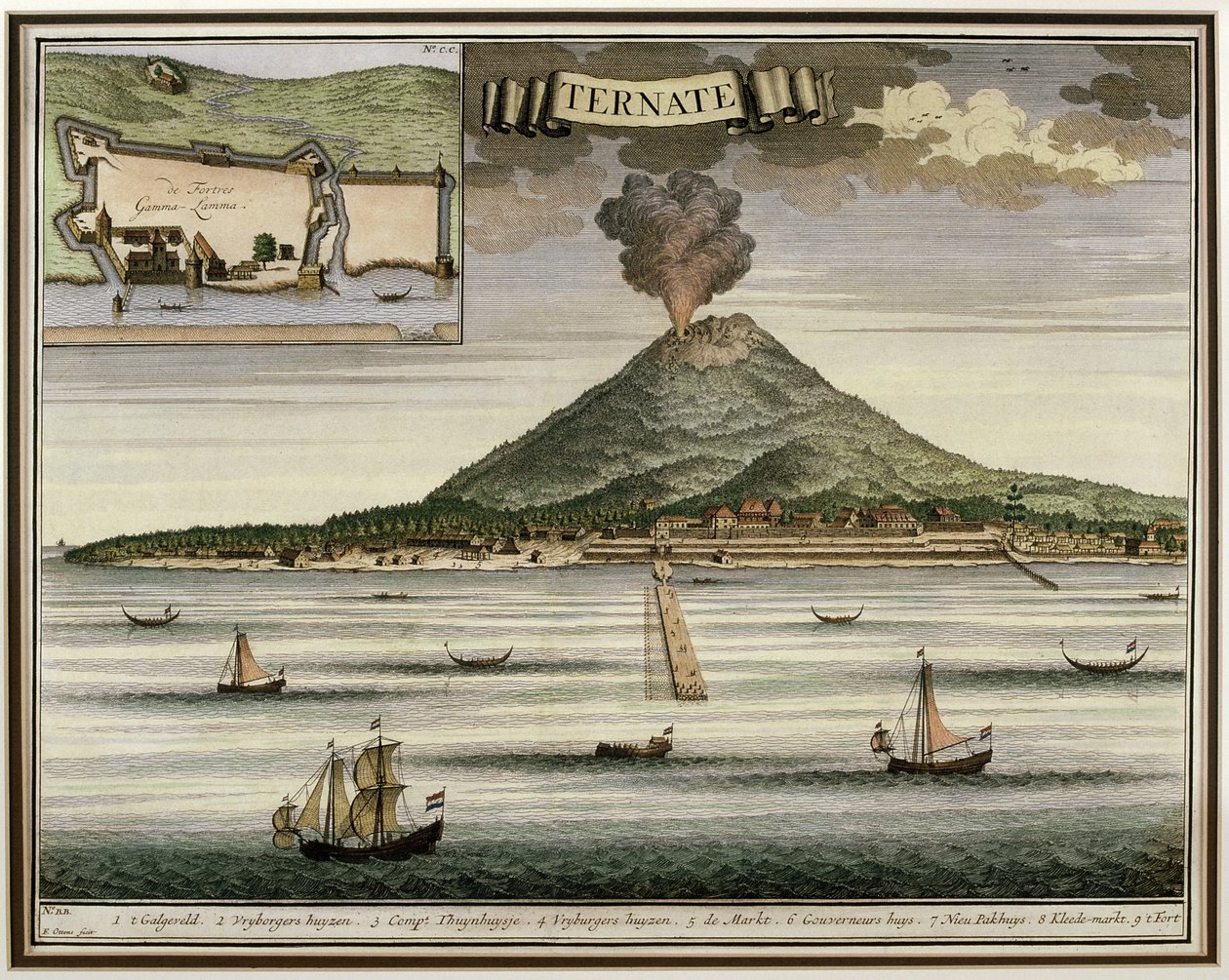 Het eiland Ternate, Molukken, Indonesië, illustratie uit Oud Nieuw Oost-Indien, 1724-26 door Dutch School