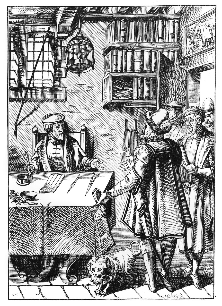 De ontvanger van belastingen, naar een houtsnede in Praxis Rerum Civilium door Joos de Damhouder, gepubliceerd Antwerpen, 1557 door Dutch School