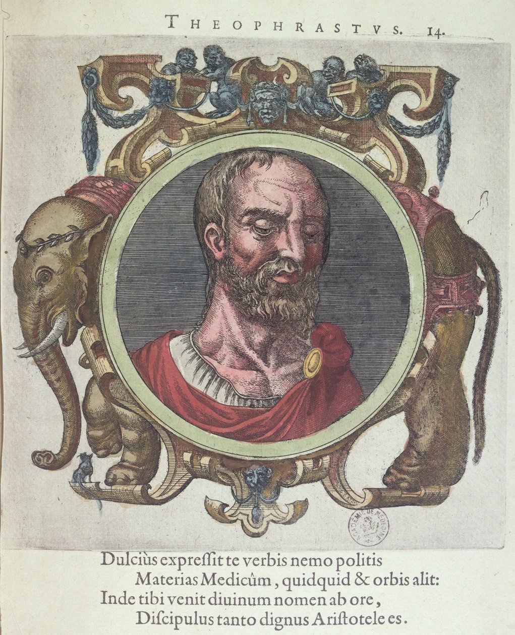 Theophrastus (c.372-287 v.Chr.), illustratie uit Veterum et Recentium Medicorum Philosophorumque Icones door Johannes Sambucus, gepubliceerd door Plantin in Leiden 1603 door Dutch School