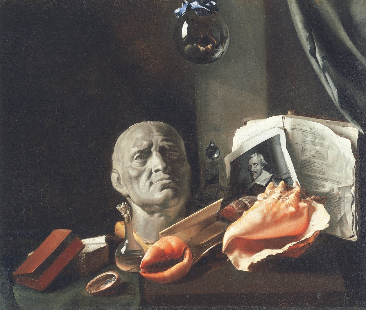 Vanitas stilleven met een buste, schelpen, boeken en glazen flessen door Dutch School
