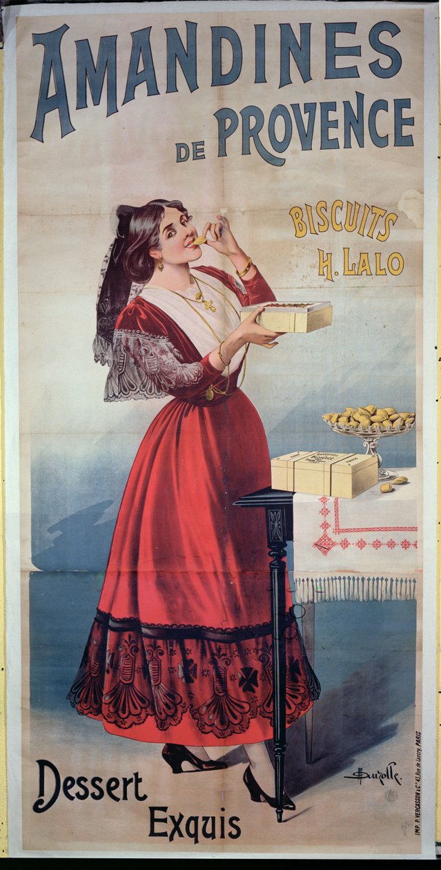 Poster die Amandines de Provence, Franse koekjes, adverteert door Duzolle