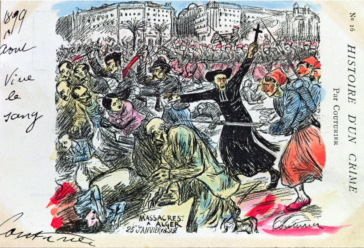 Ansichtkaart die het bloedbad van de Joden in Algiers afbeeldt, 25 januari 1899 door E. Couturier