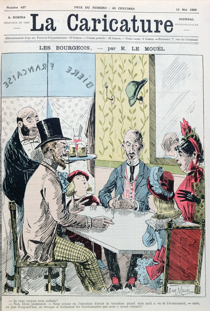 Een burgerlijk paar legt uit dat ze slechts twee kinderen hadden om economische redenen, uit La Caricature, 12 mei 1888 door E. Le Mouel
