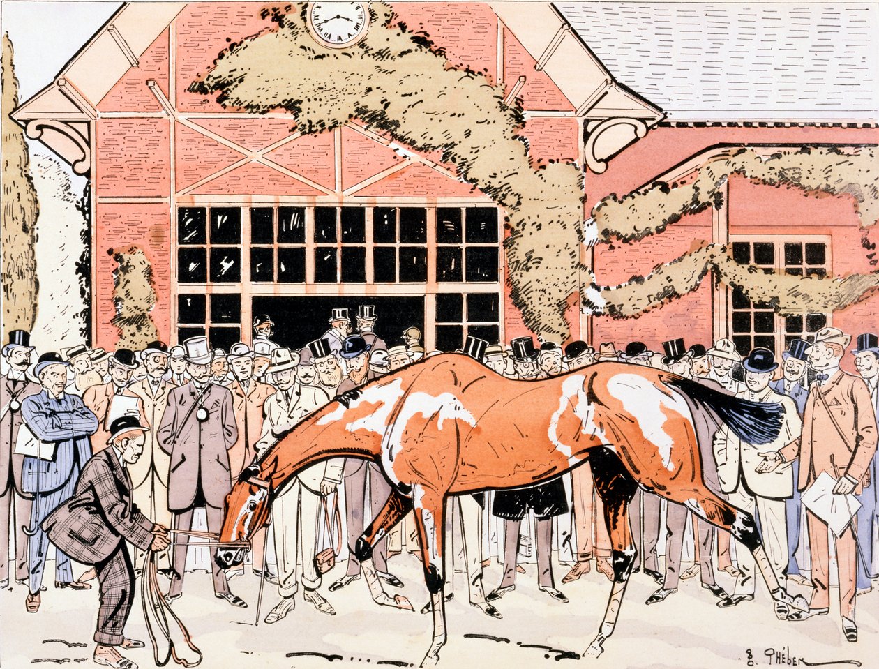 Het renpaard bekijken in de paddock, c.1905 door E. Thelem