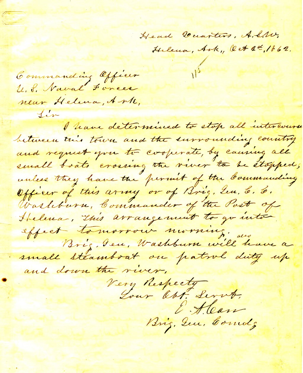 Brief van E. A. Carr, Helena, Arkansas, aan de commandant van de Amerikaanse zeemacht nabij Helena, Arkansas, 2 oktober 1862 door E.A. Carr