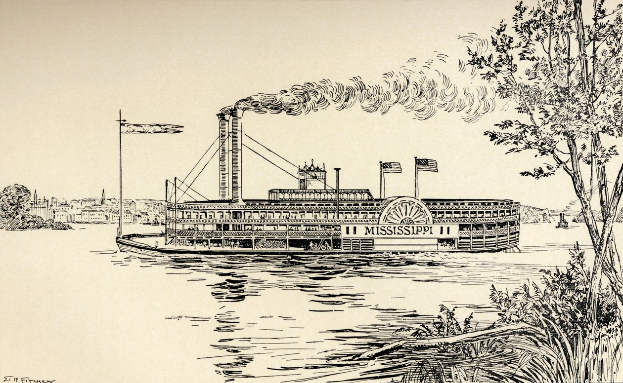Een Mississippi-stoomboot bij St. Louis, uit 