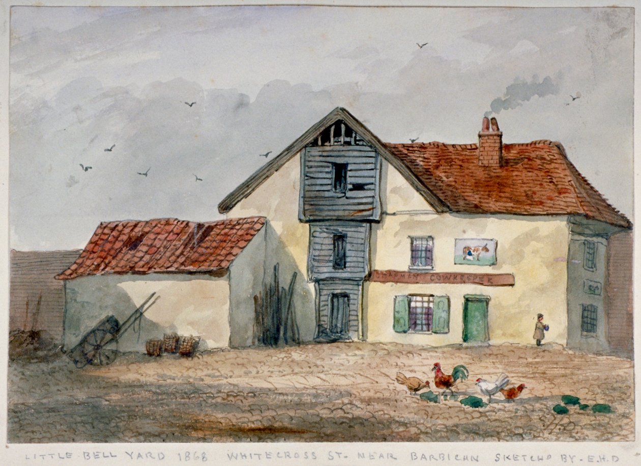 Uitzicht op Little Bell Yard, Whitecross Street, met kippen op de voorgrond, Londen, 1868 door EH Davies