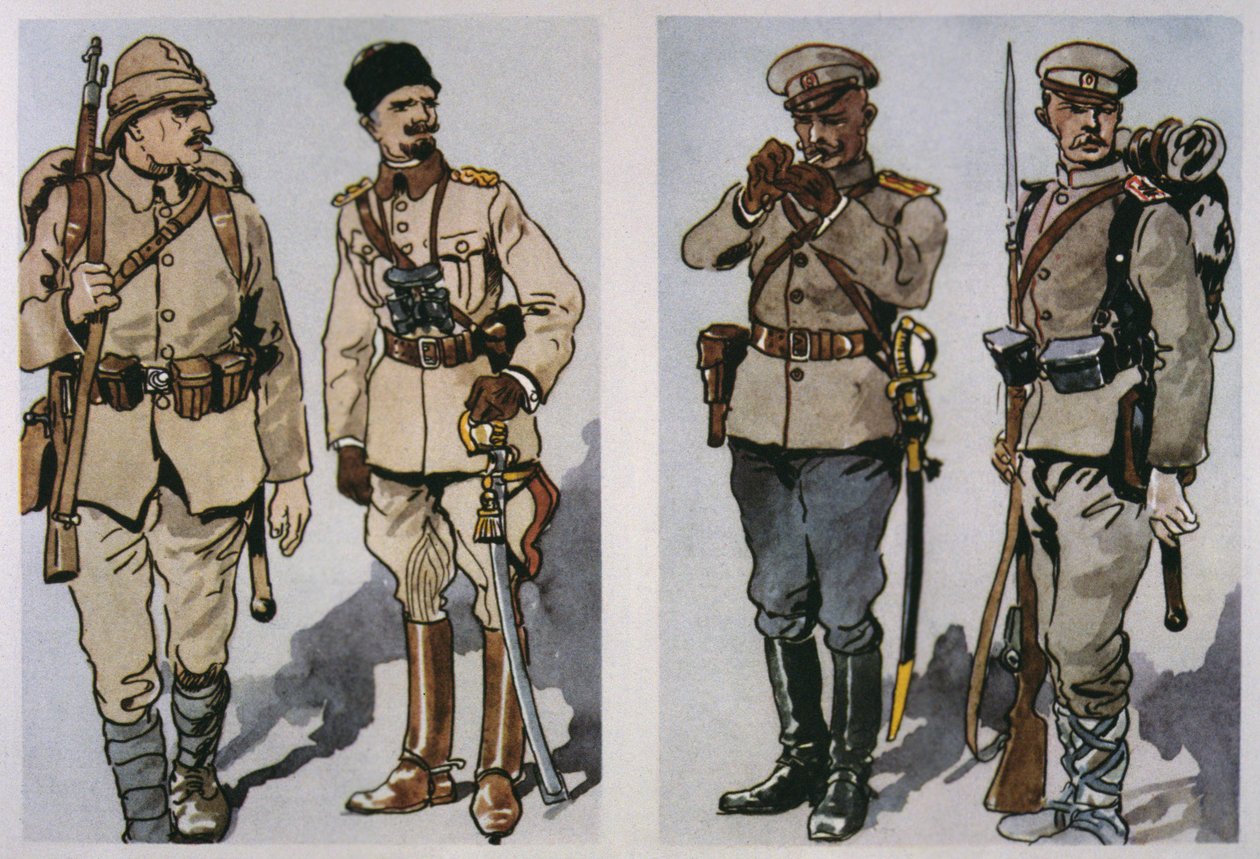Turkse infanterist en officier (links) en Bulgaarse infanterieofficier en soldaat van 1917 (rechts) van 1917 door E. (after) Dobrich