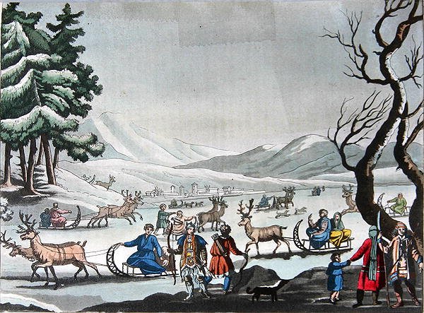 Tungus verlaten hun winterkamp op sleeën getrokken door rendieren, ca.1820 door E. (after) Karnejeff