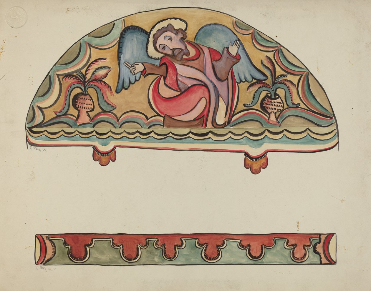 Lunet en detail van altaar kerk bij Sanctuario, Chimayo, 1935-1942 door E. Boyd