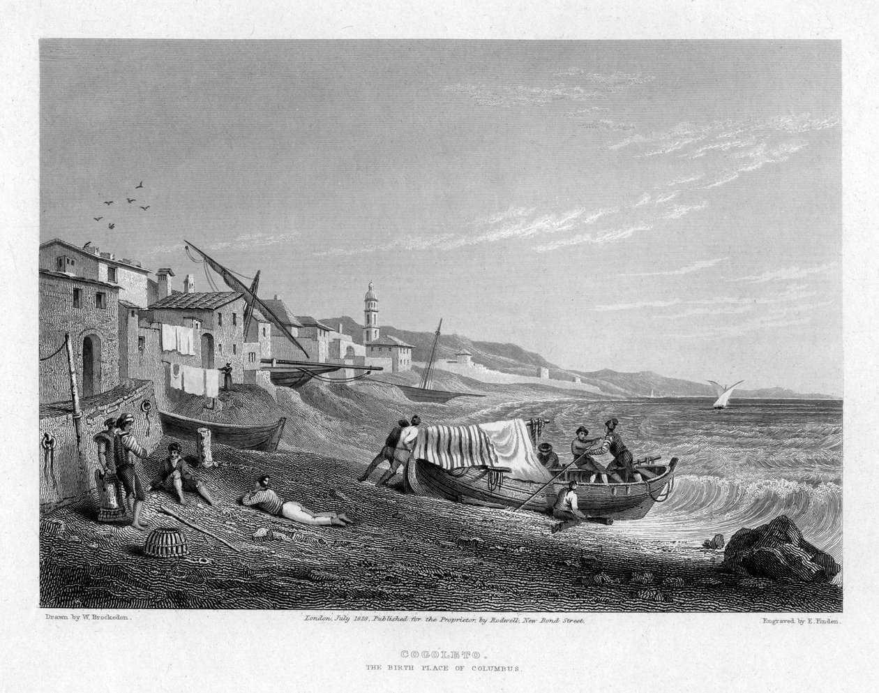 Cogoleto, de geboorteplaats van Columbus, Italië, 1828 door E. Finden