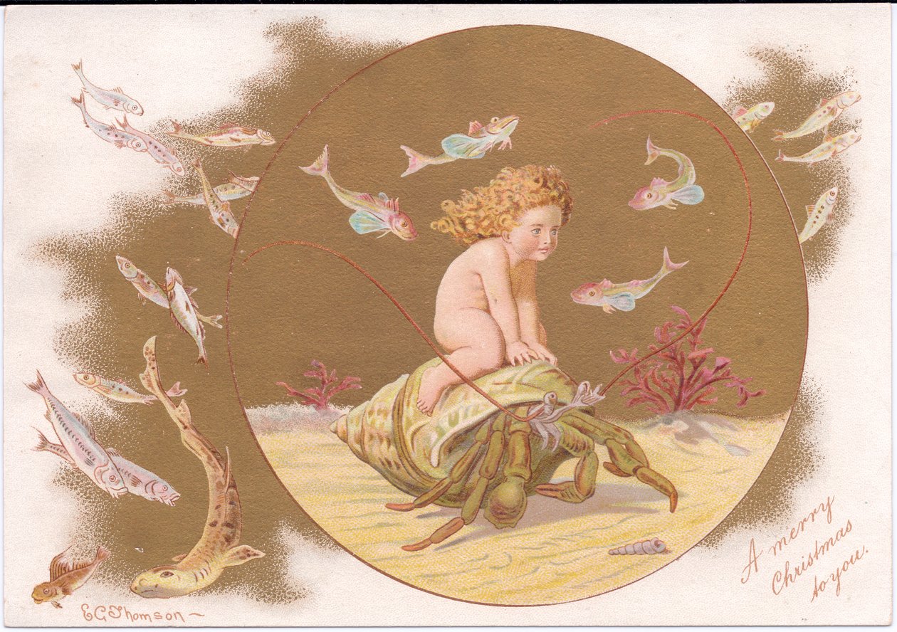 Een Victoriaanse kerstkaart van een heremietkreeft in een schelp bereden door een waterbaby omringd door een school vissen, c.1895 door E. Gertrude Thompson