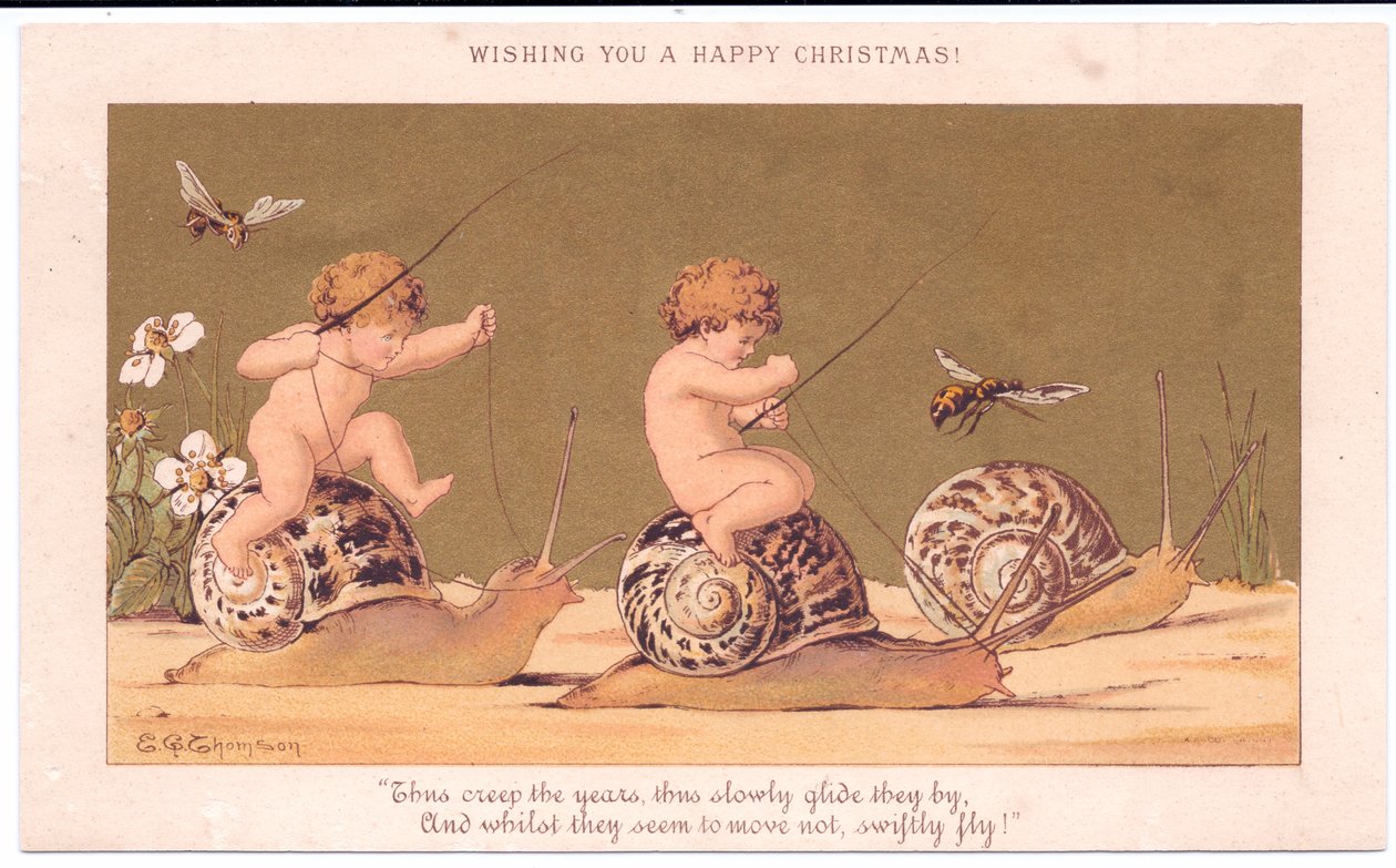 Een Victoriaanse kerstkaart van twee naakte baby