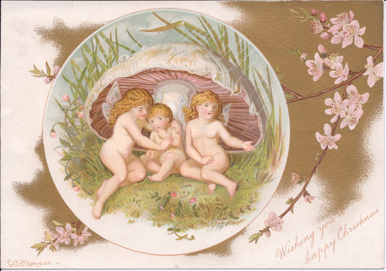 Een Victoriaanse kerst van een groep feeën die schuilen voor de regen onder een paddenstoel, c.1895 door E. Gertrude Thompson