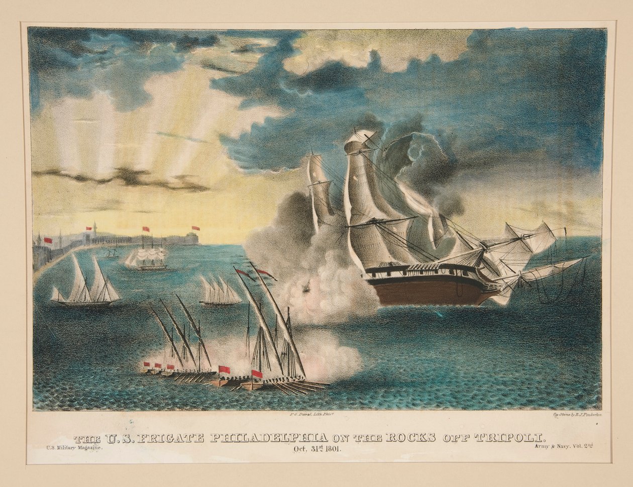 De Amerikaanse Fregat Philadelphia op de rotsen bij Tripoli (Uit het U.S. Military Magazine Army and Navy, Vol. II) door E. J. Pinkerton