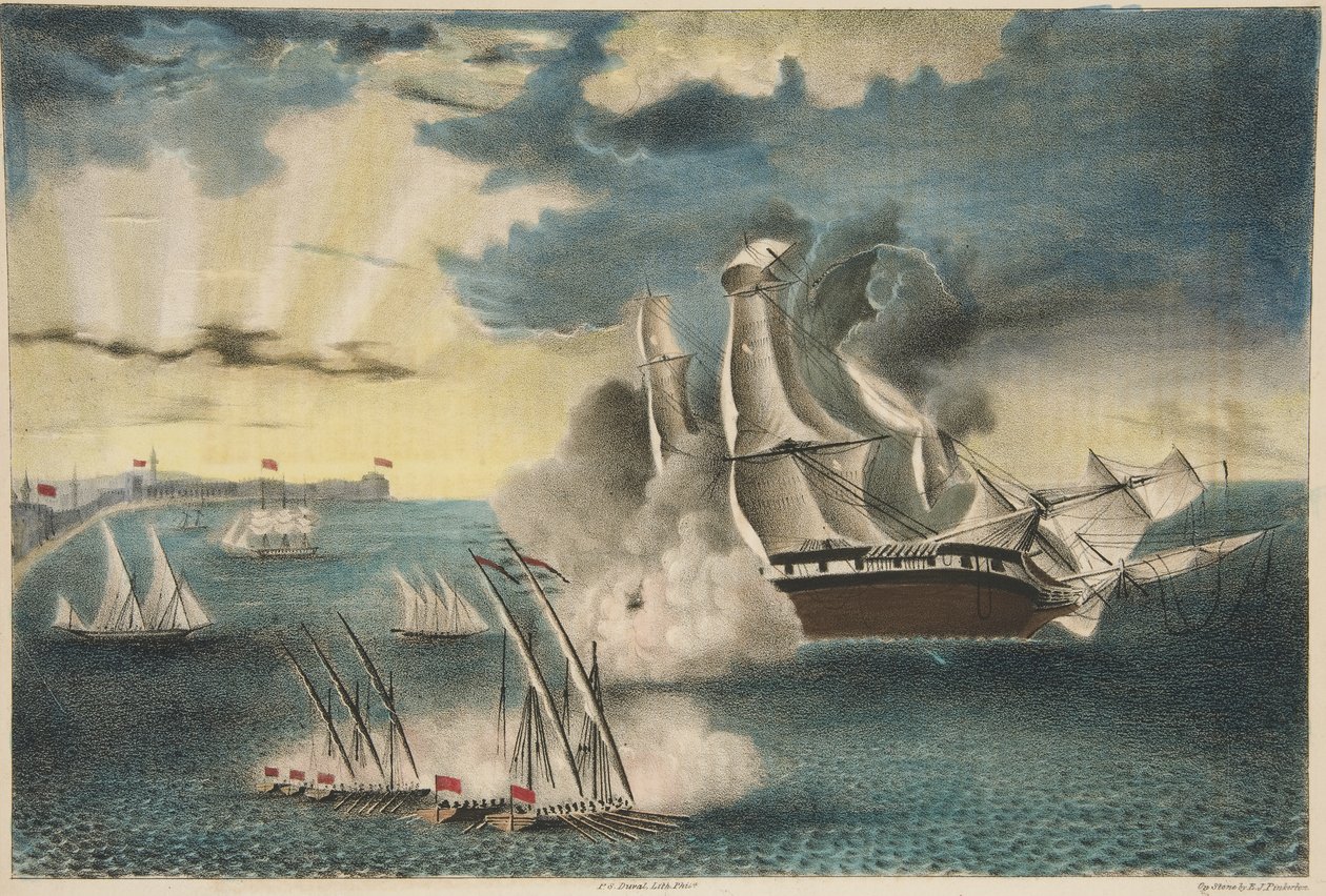 De Amerikaanse Fregat Philadelphia op de Rotsen bij Tripoli, uit Army and Navy Magazine, uitgegeven 1840 door E. J. Pinkerton