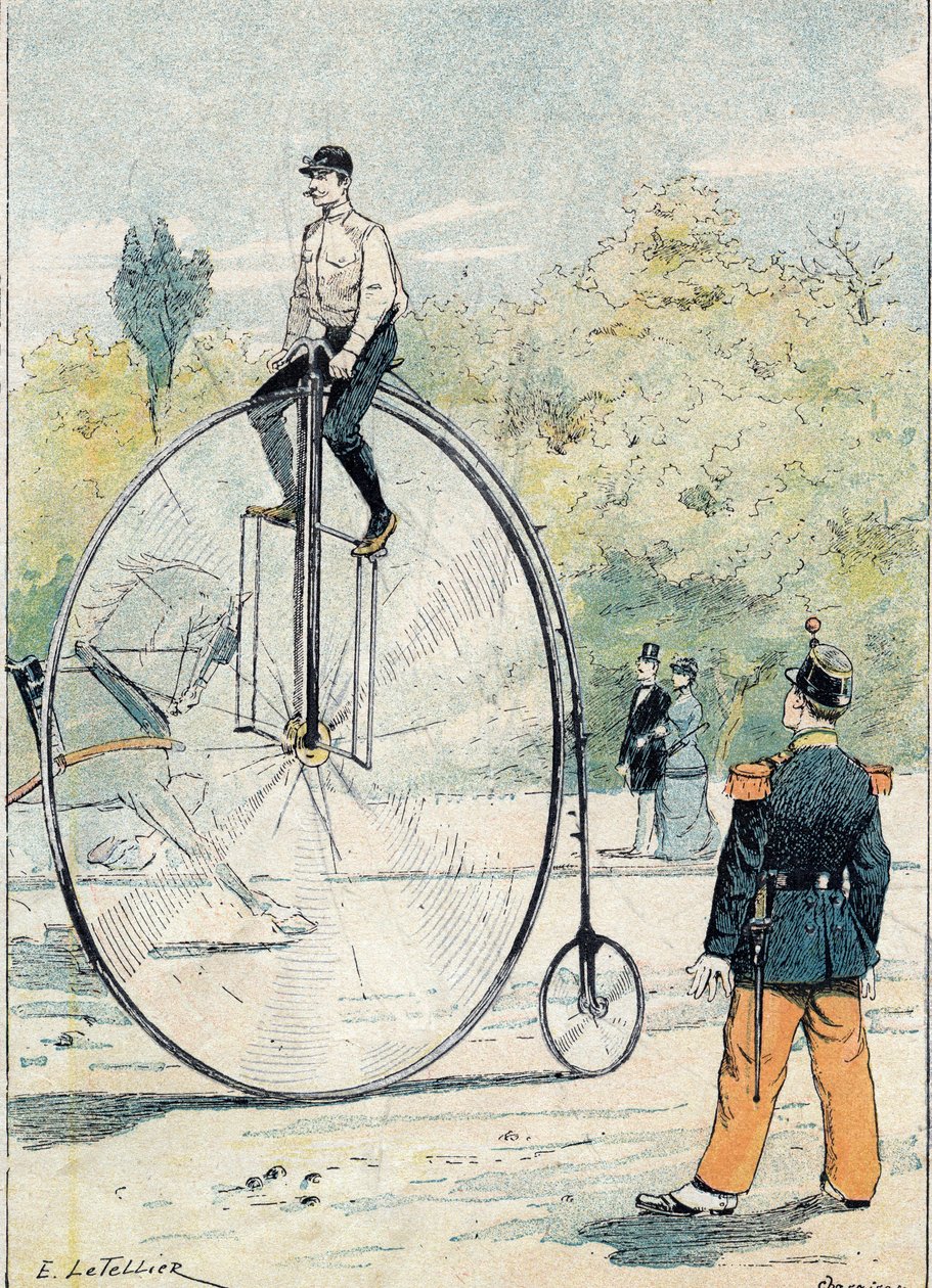 Grand bi met voorwieldiameter groter dan 1,50 m - Van een beschermhoes voor schoolboeken, eind 19e eeuw - illustratie door E. Letellier door E. Letellier