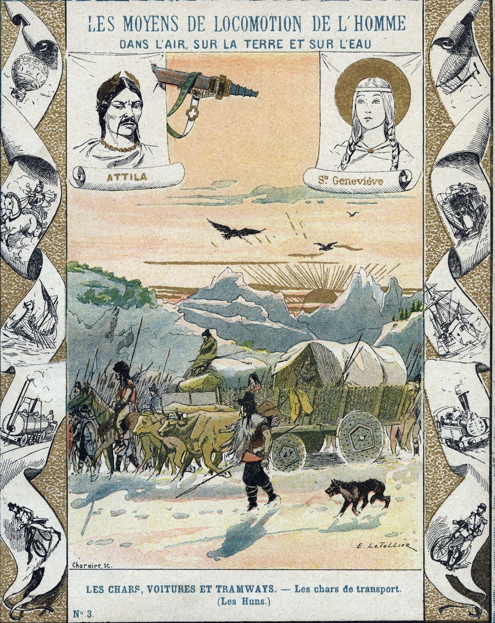 Transporttanks - De Hunnen van Attila (ca. 395-453) - Barbarse invasies - illustratie door E Letellier - Beschermt historisch notitieboek, eind 19e eeuw door E. Letellier