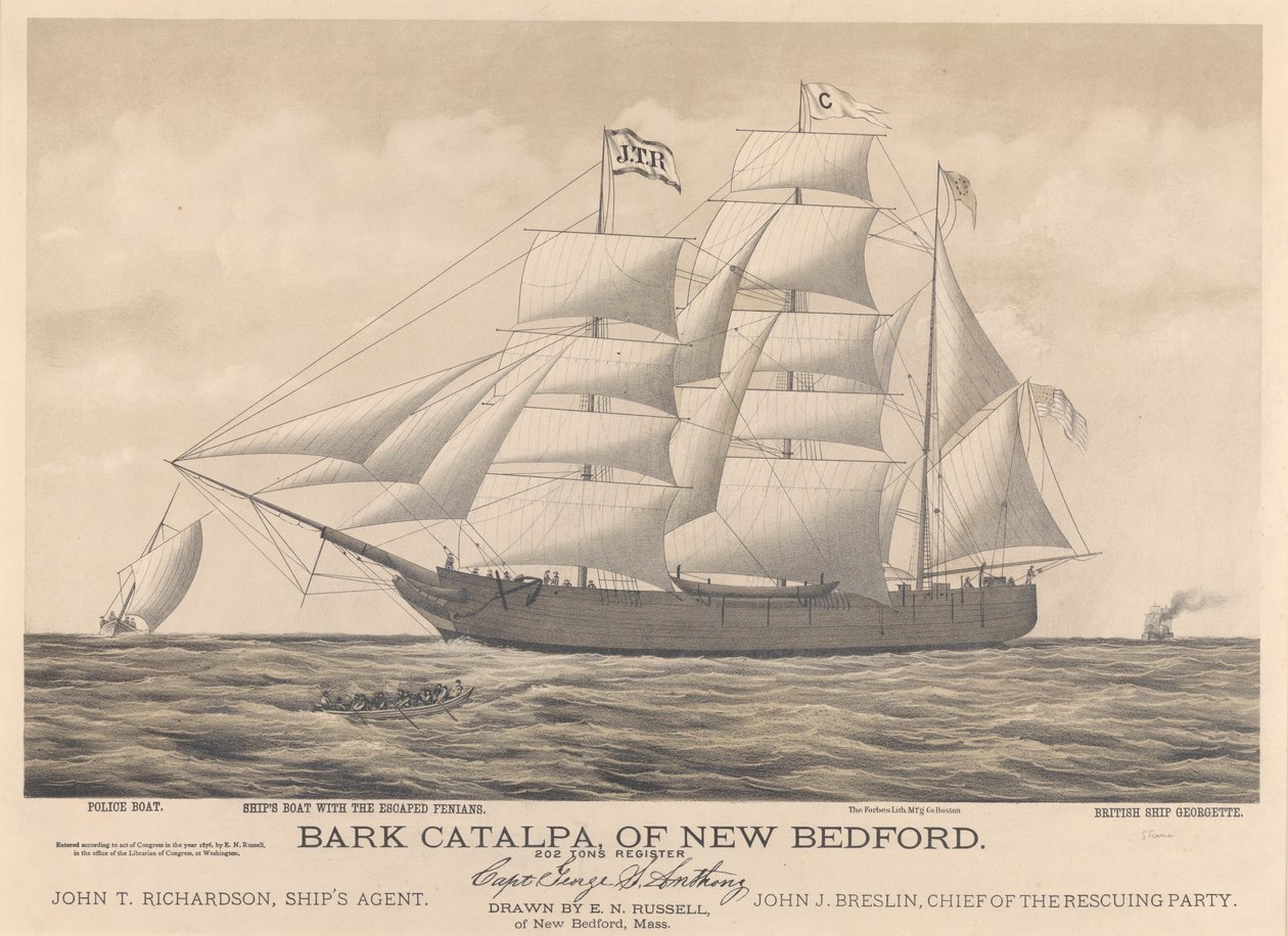 Bark Catalpa van New Bedford, politieboot, scheepsboot en Brits schip Georgette door E. N. Russell