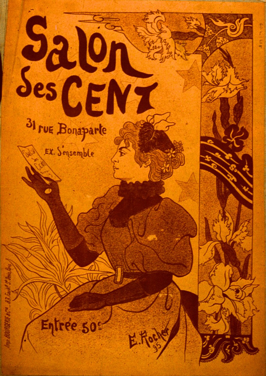 Een vrouw die een uitnodiging bekijkt, Salon des Cent door E. Rocher