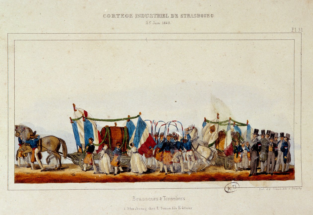 De dans van brouwers en kuipers tijdens de industriële optocht in Straatsburg op 25/06/1840 door E. Simon