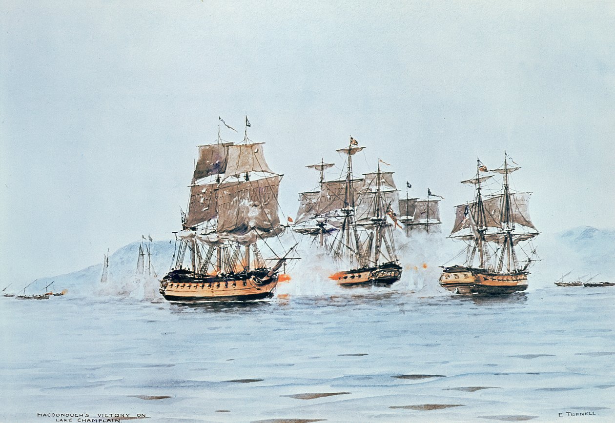 Commodore Macdonough in de Saratoga verslaat de Britten, Slag bij Lake Champlain door E. Tufnell