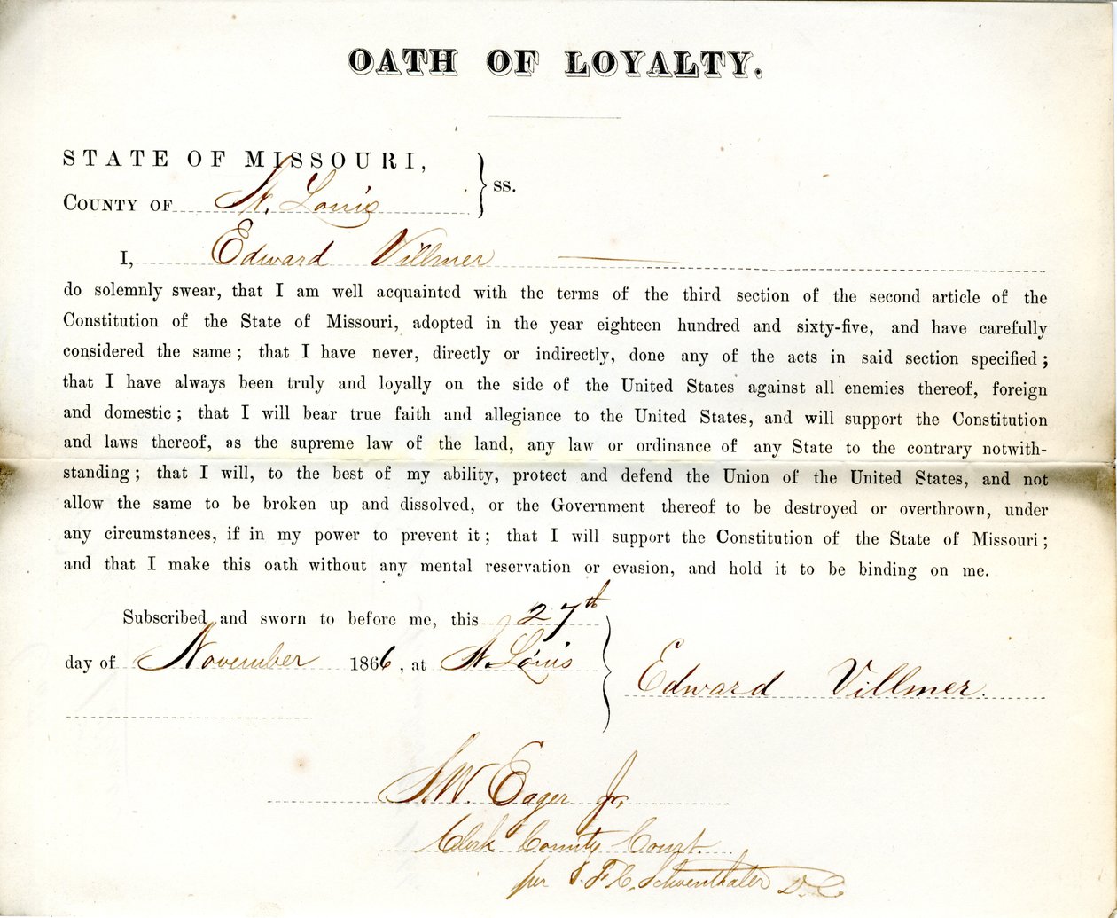 Loyaliteitseed van Edward Villmer uit Missouri, County of St. Louis door E. Villmer