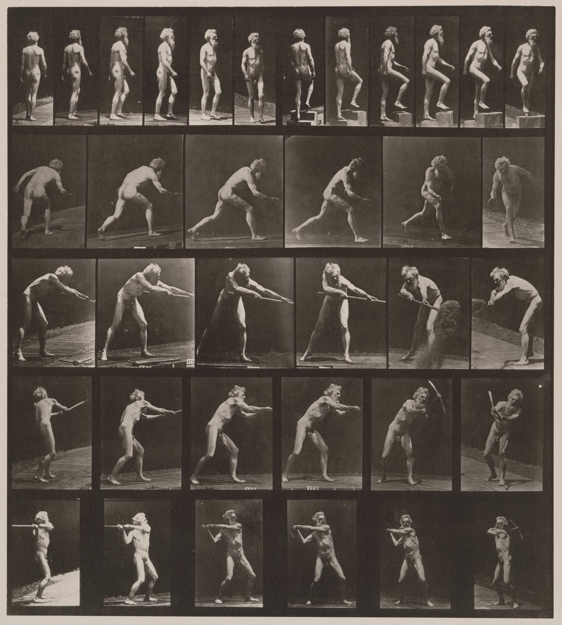 Plaat Nummer 521. A, lopen; B, trap oplopen; C, discus werpen; D, schep gebruiken; E, houweel gebruiken; F, houweel gebruiken, 1887 door Eadweard Muybridge