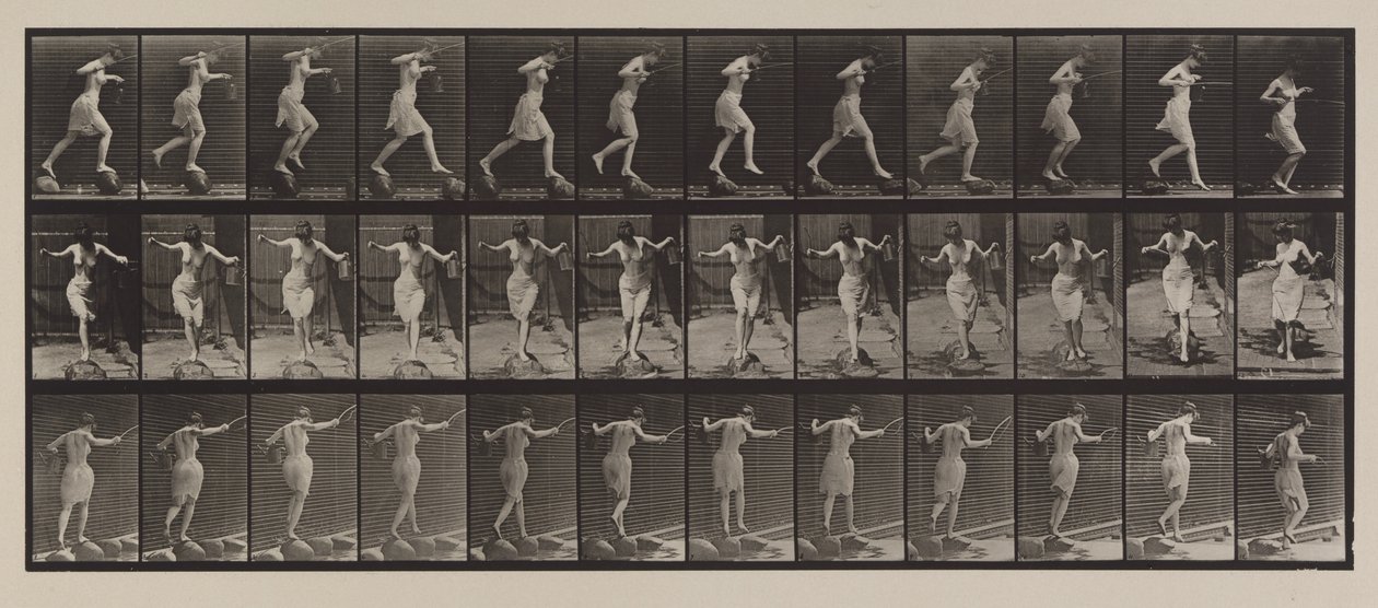 Plaat Nummer 175. Oversteken van beek op stapstenen met visstok en blik, 1887 door Eadweard Muybridge