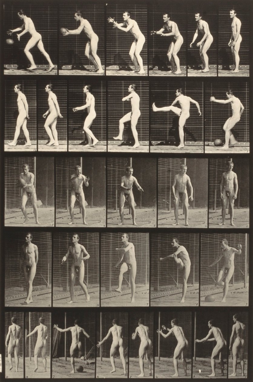 Voortbeweging van dieren (plaat 300) (Man schopt een bal) door Eadweard Muybridge