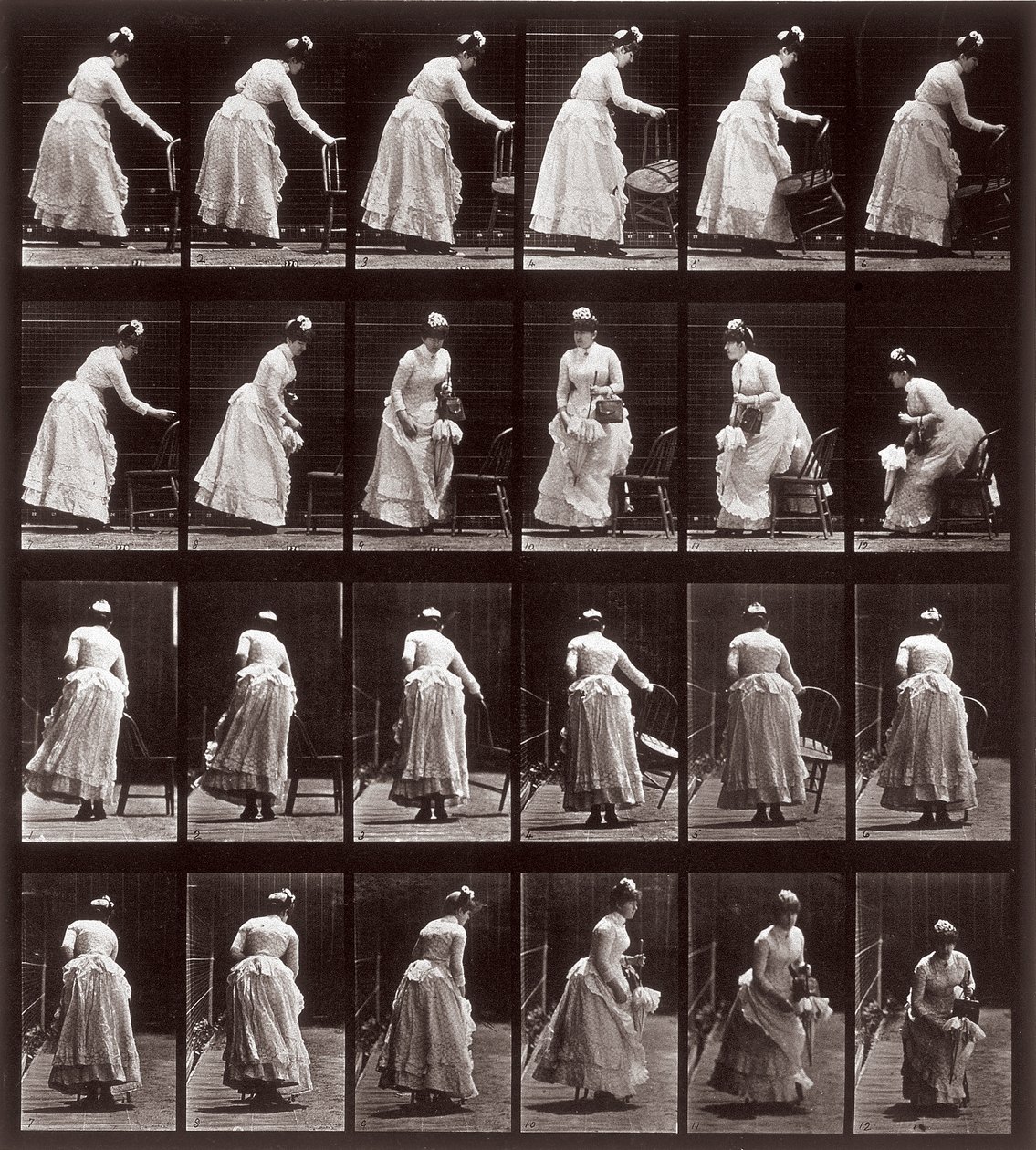 Dierenlocomotie, plaat 265: sequentie met een vrouw die gaat zitten, 1887 door Eadweard Muybridge