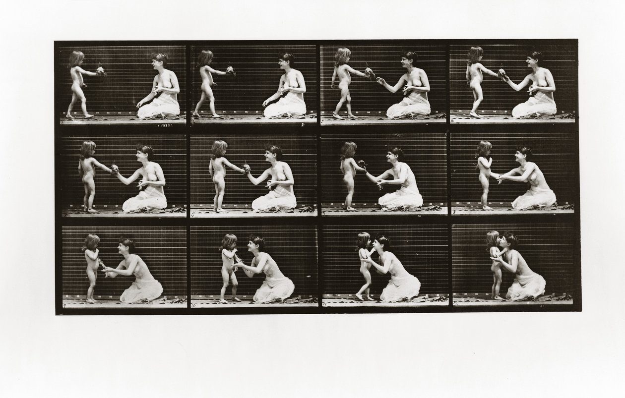 Kind dat een boeket aan een vrouw brengt, Plaat 465 uit Animal Locomotion, 1887 door Eadweard Muybridge