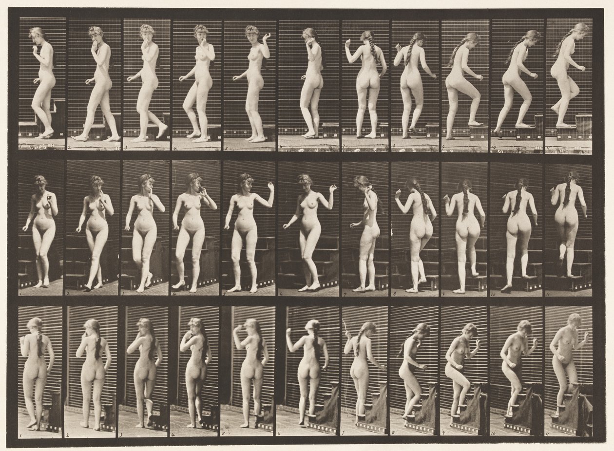 Omdraaien en trap oplopen, zwaaiende hand door Eadweard Muybridge