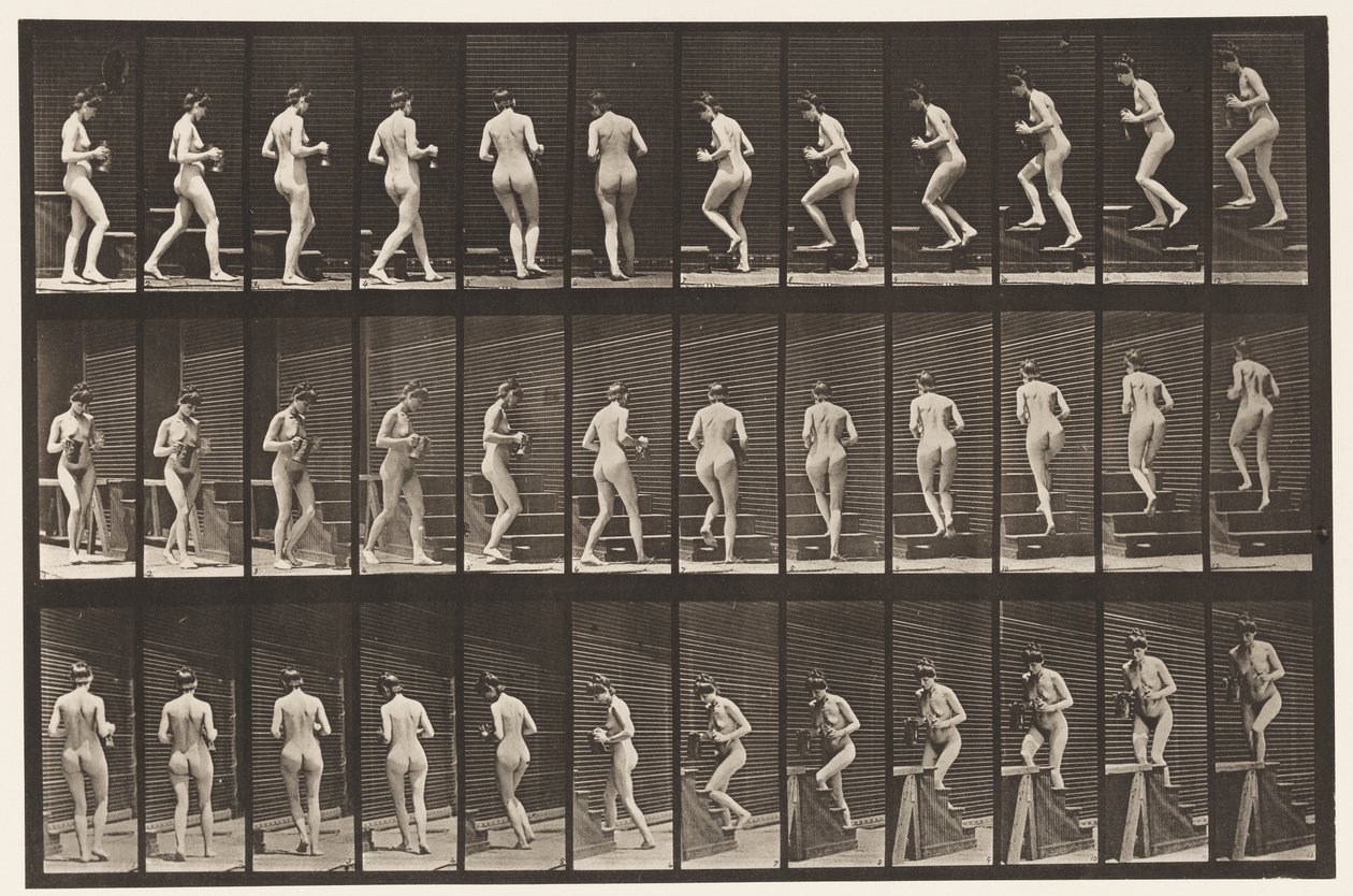 Plaat 103. Draaien en trap oplopen, kruik en beker in handen, 1872-1885 door Eadweard Muybridge