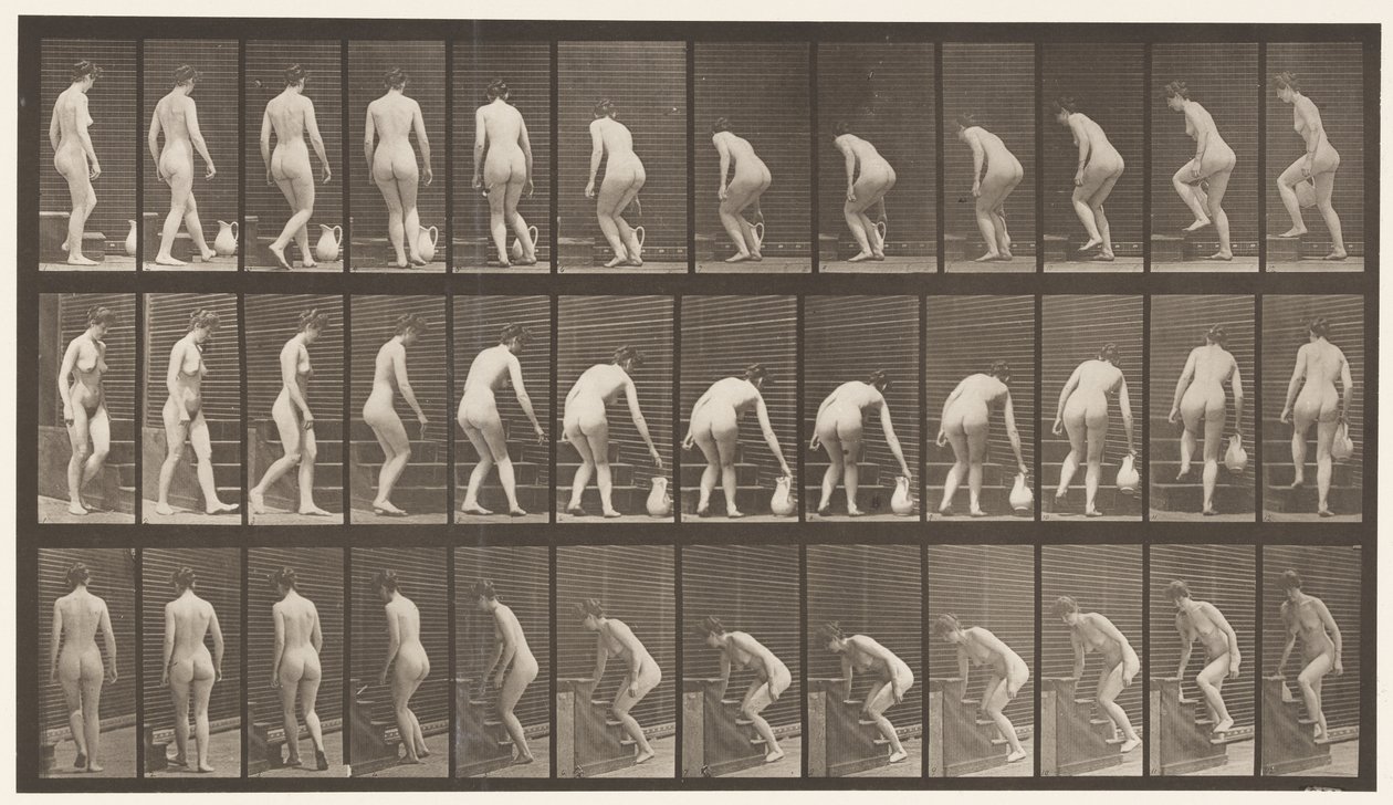Plaat 108. Draaien om trap op te lopen, bukken, een kruik heffen, 1872-1885 door Eadweard Muybridge