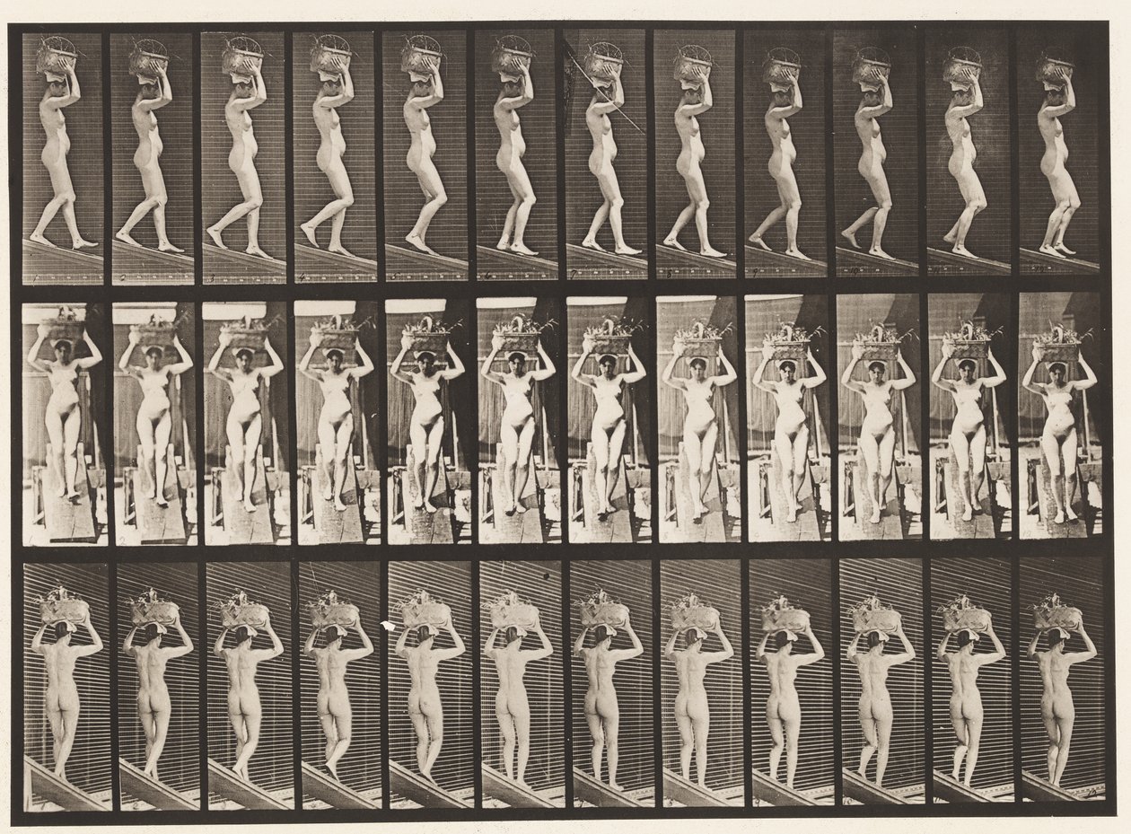 Plaat 123. Helling afdalen, 20-ponds mand op hoofd, handen omhoog, 1872-1885 door Eadweard Muybridge