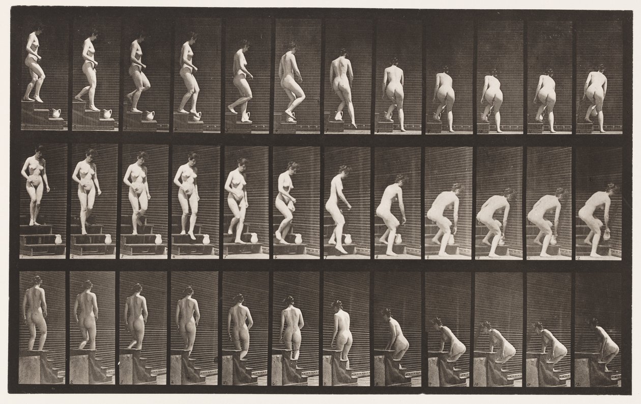 Trap aflopen; bukken om een kruik op te tillen door Eadweard Muybridge