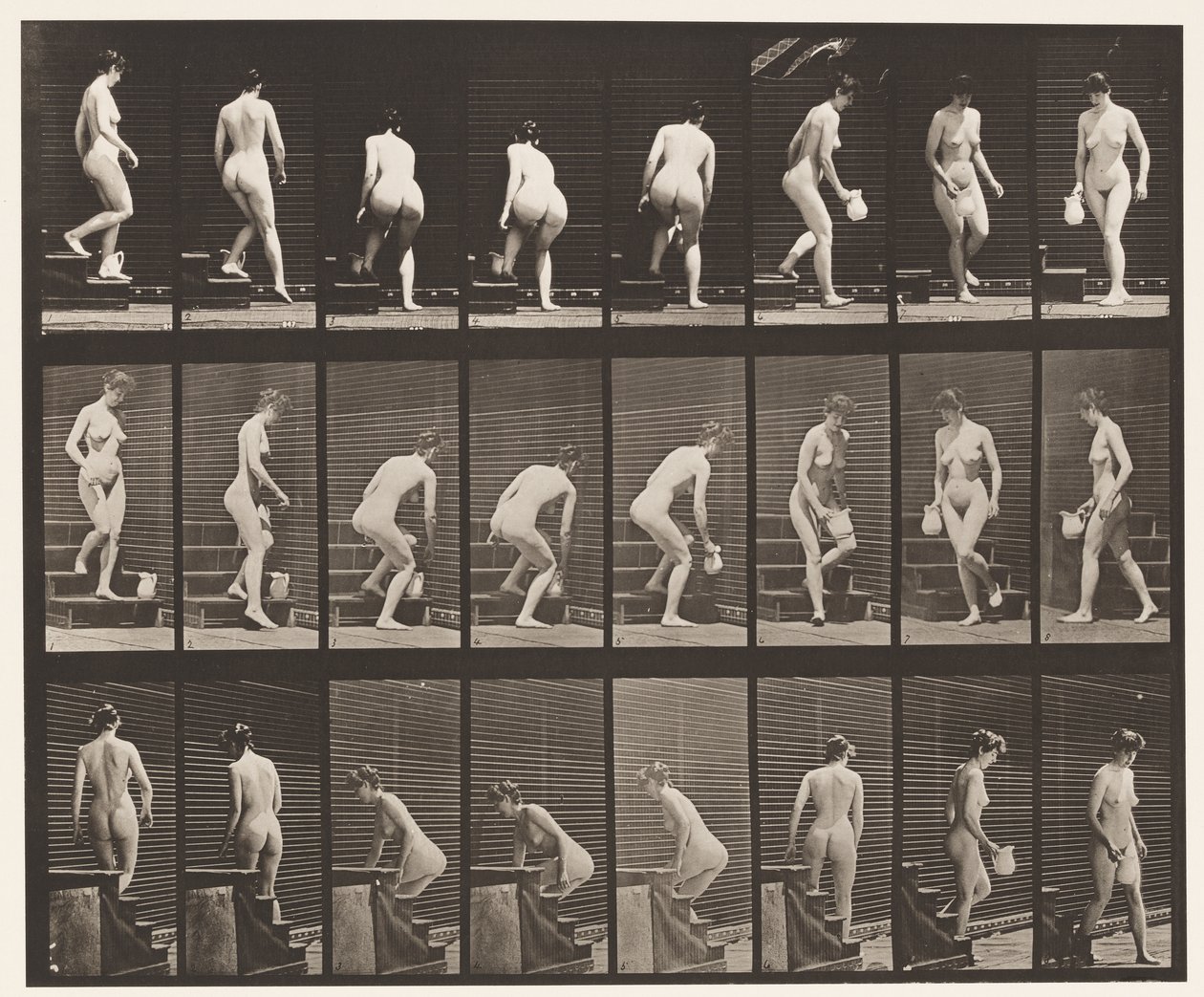 Trap aflopen; bukken, kruik optillen, omdraaien door Eadweard Muybridge