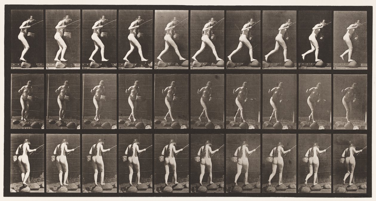 Plaat 176. Beek Oversteken op Stenen met Hengel en Mand door Eadweard Muybridge