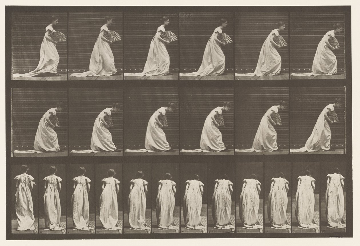 Buigen, waaier in rechterhand door Eadweard Muybridge